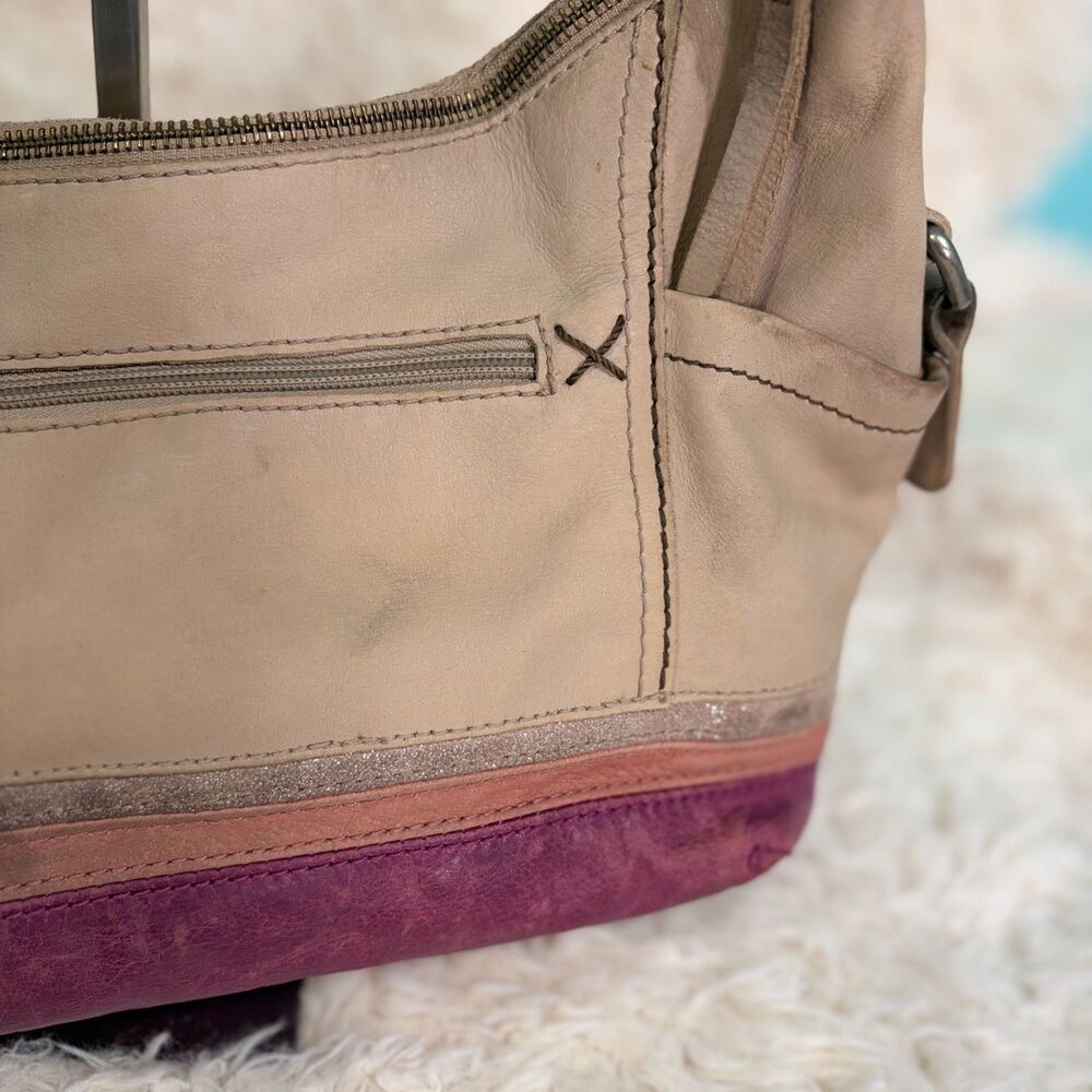 The Sak Leather Shoulder Bag Beige Purple Suede Bottom Stripe Hobo Purse Vintage - Picture 7 of 14